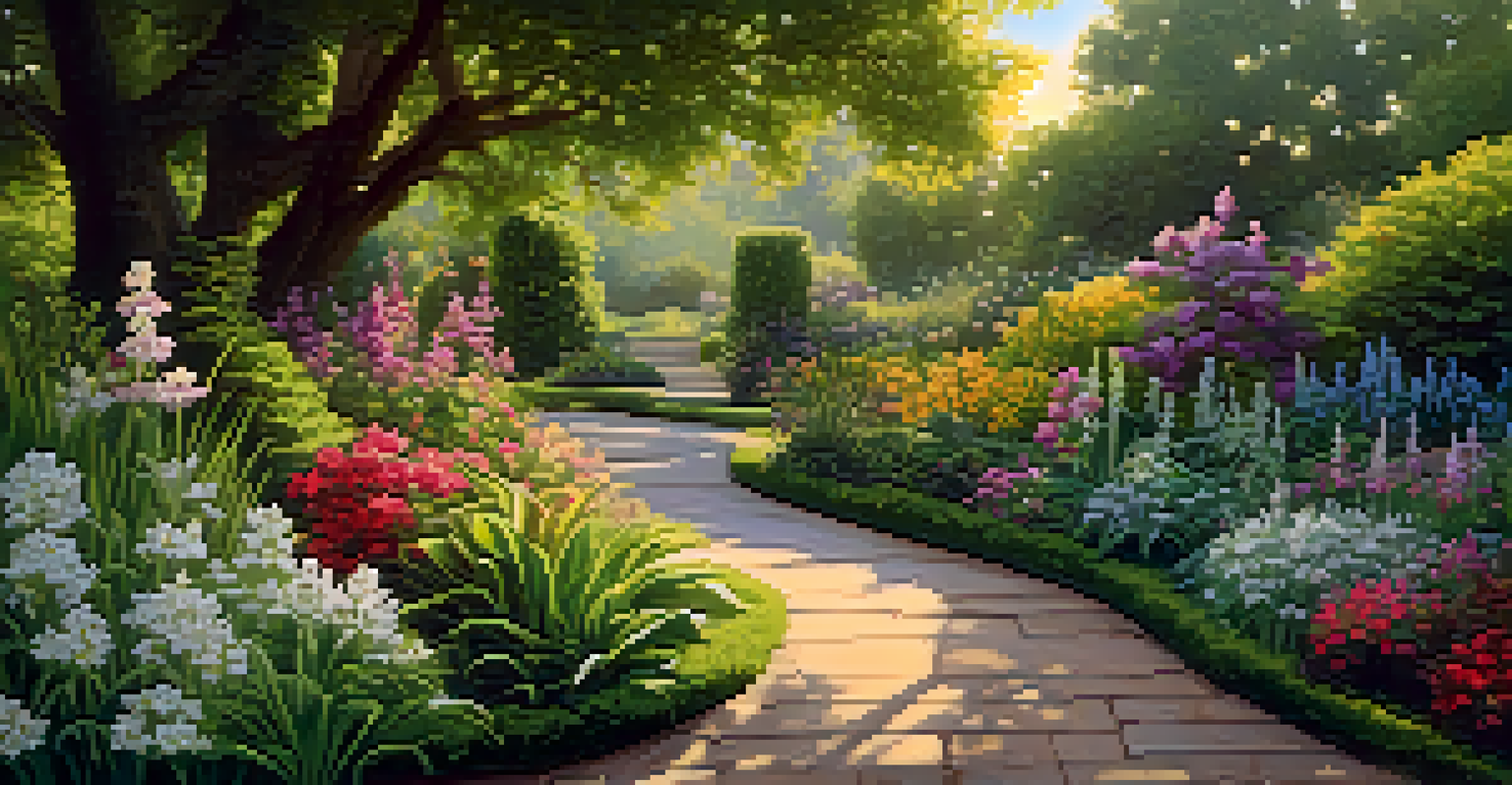 A picturesque garden pathway with signs about entheogenic treatments, surrounded by vibrant plants and warm lighting.