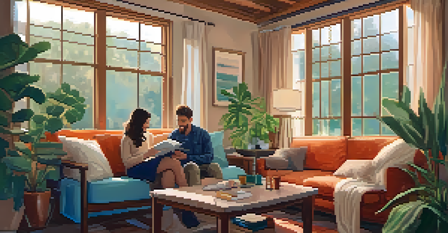 A couple sitting on a couch in a cozy room filled with plants, engaged in a deep conversation with a journal and art supplies on the table.