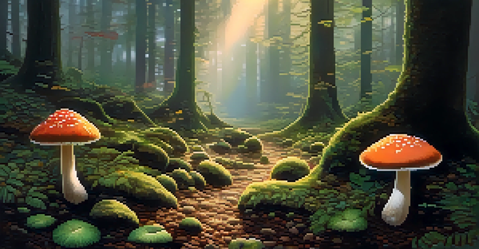 A peaceful forest at dawn with sunlight filtering through trees, showcasing vibrant green moss and delicate psilocybin mushrooms.