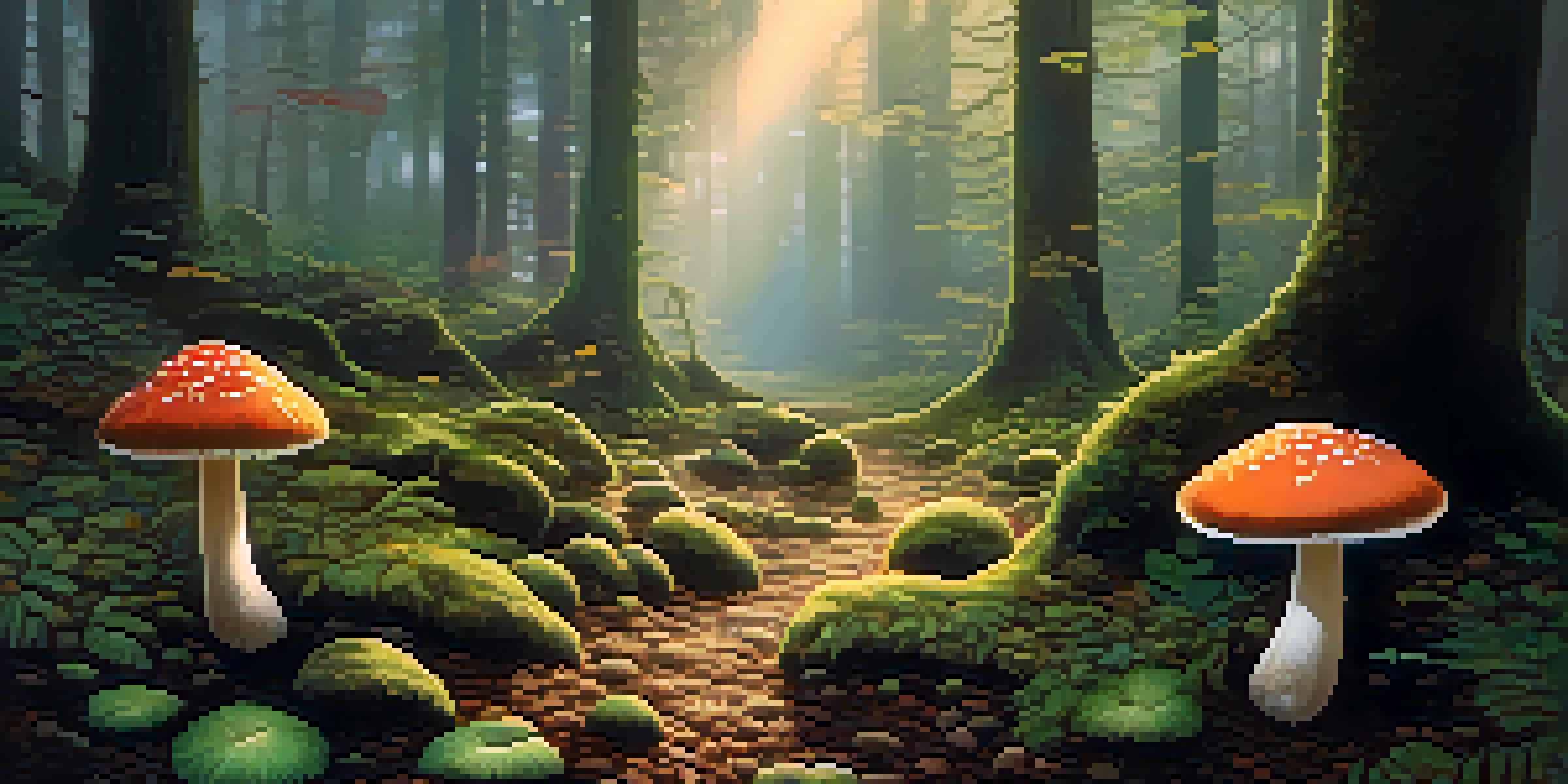 A peaceful forest at dawn with sunlight filtering through trees, showcasing vibrant green moss and delicate psilocybin mushrooms.