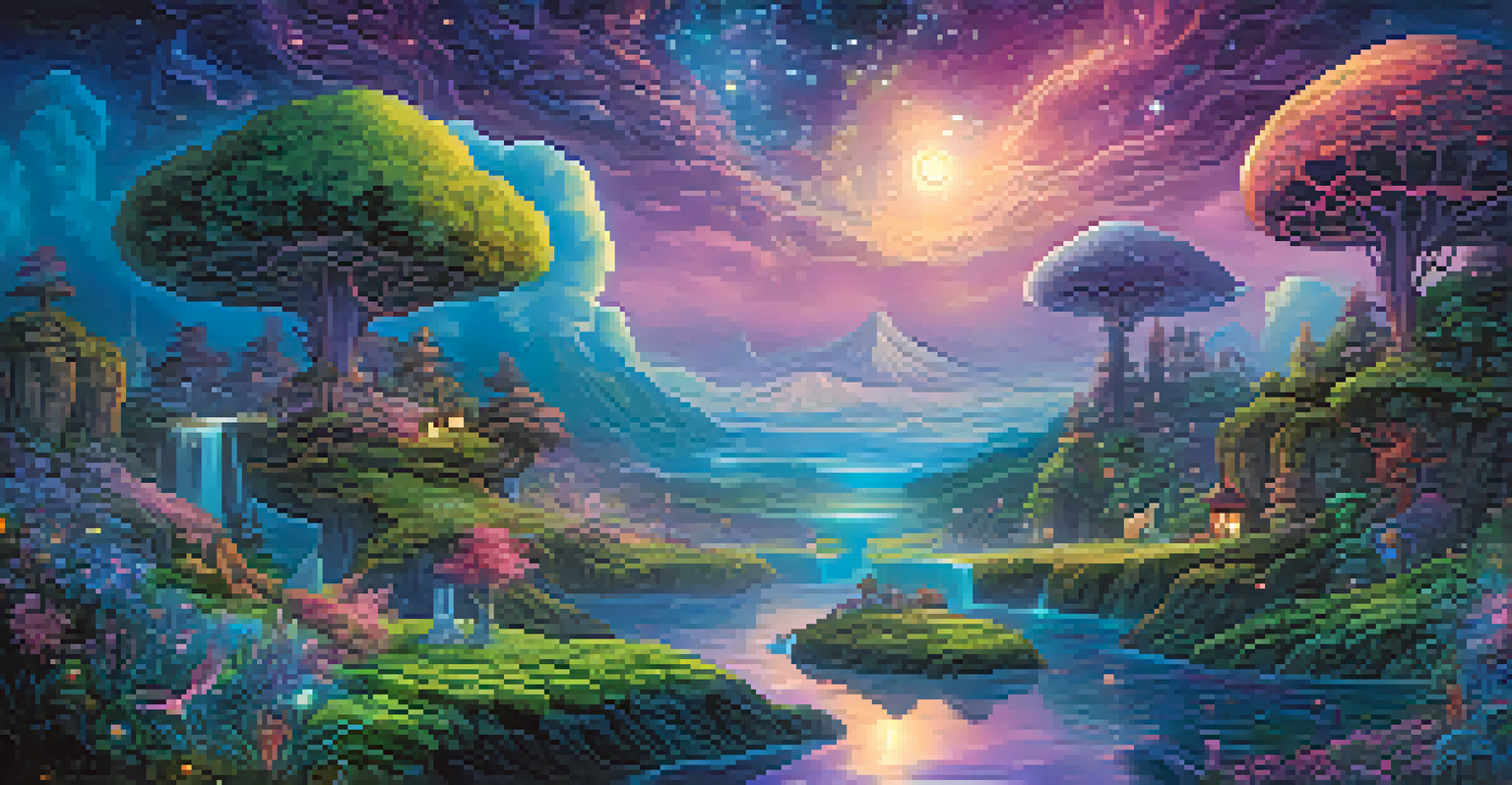 A colorful dreamscape with floating islands, a starry sky, and surreal creatures.