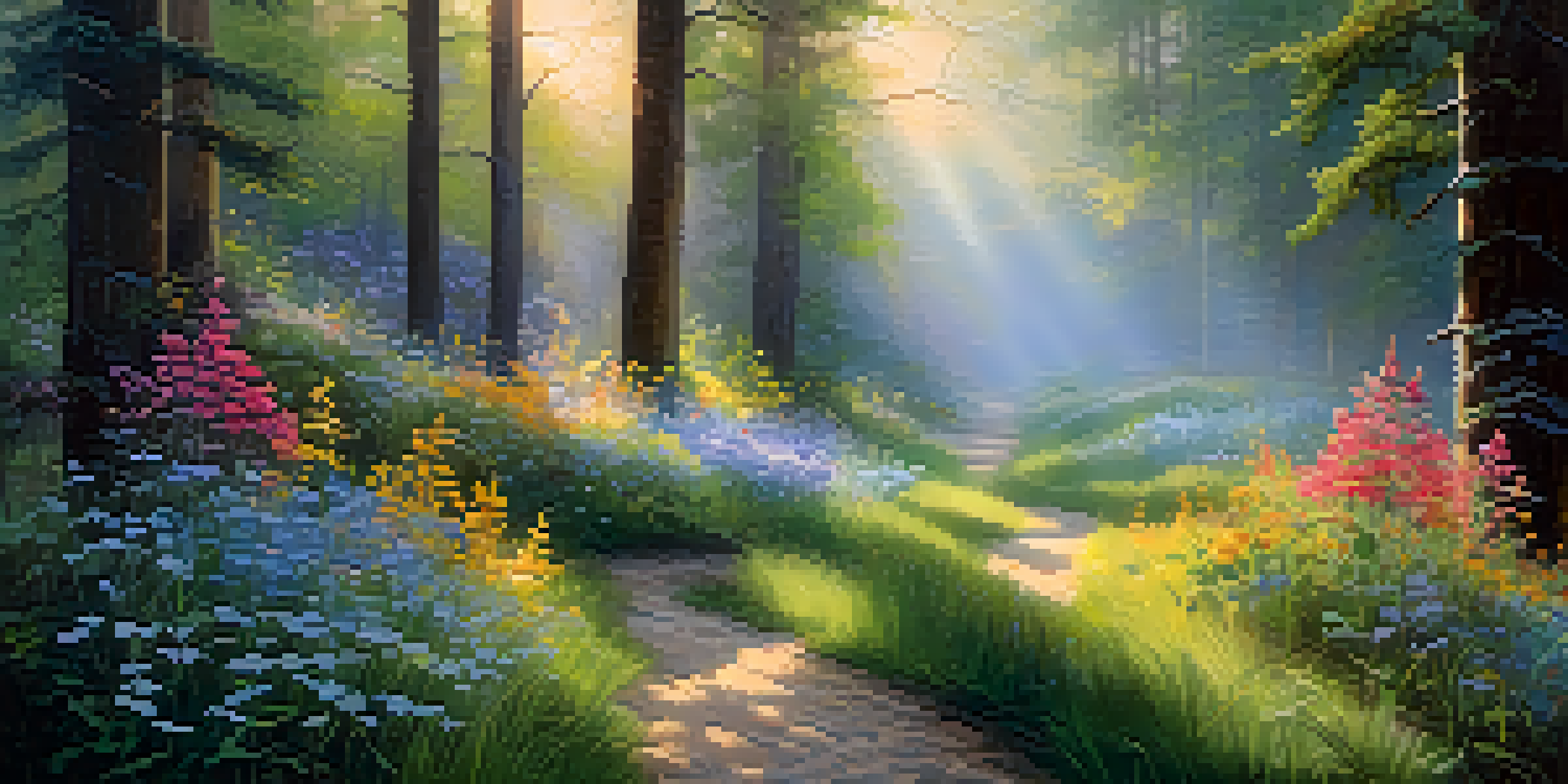 A peaceful forest at dawn with sunlight through trees and mist, colorful wildflowers and butterflies.