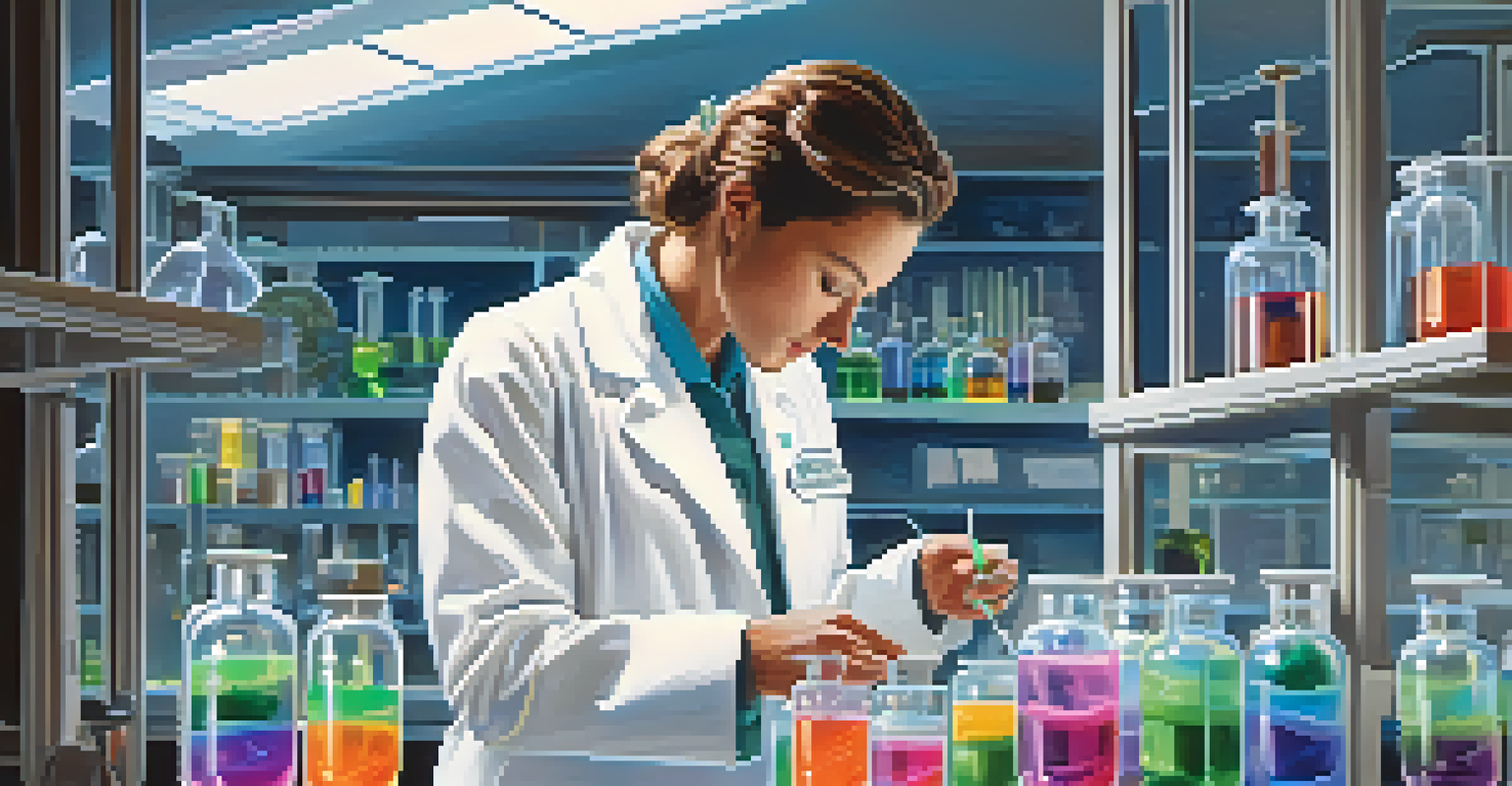 A scientist in a lab coat examining a petri dish with a swirling liquid in a bright laboratory filled with scientific equipment.