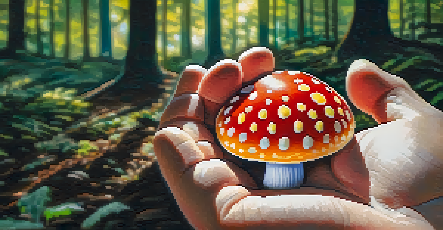 A close-up of a hand holding a colorful psilocybin mushroom with a nature background.