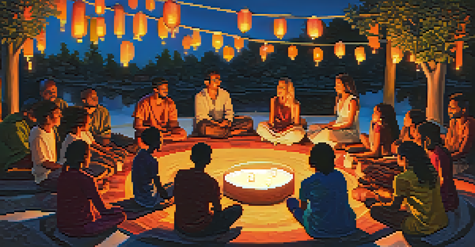 A diverse group of individuals sitting in a circle, sharing stories during an entheogenic gathering, surrounded by vibrant colors and warm lantern light.