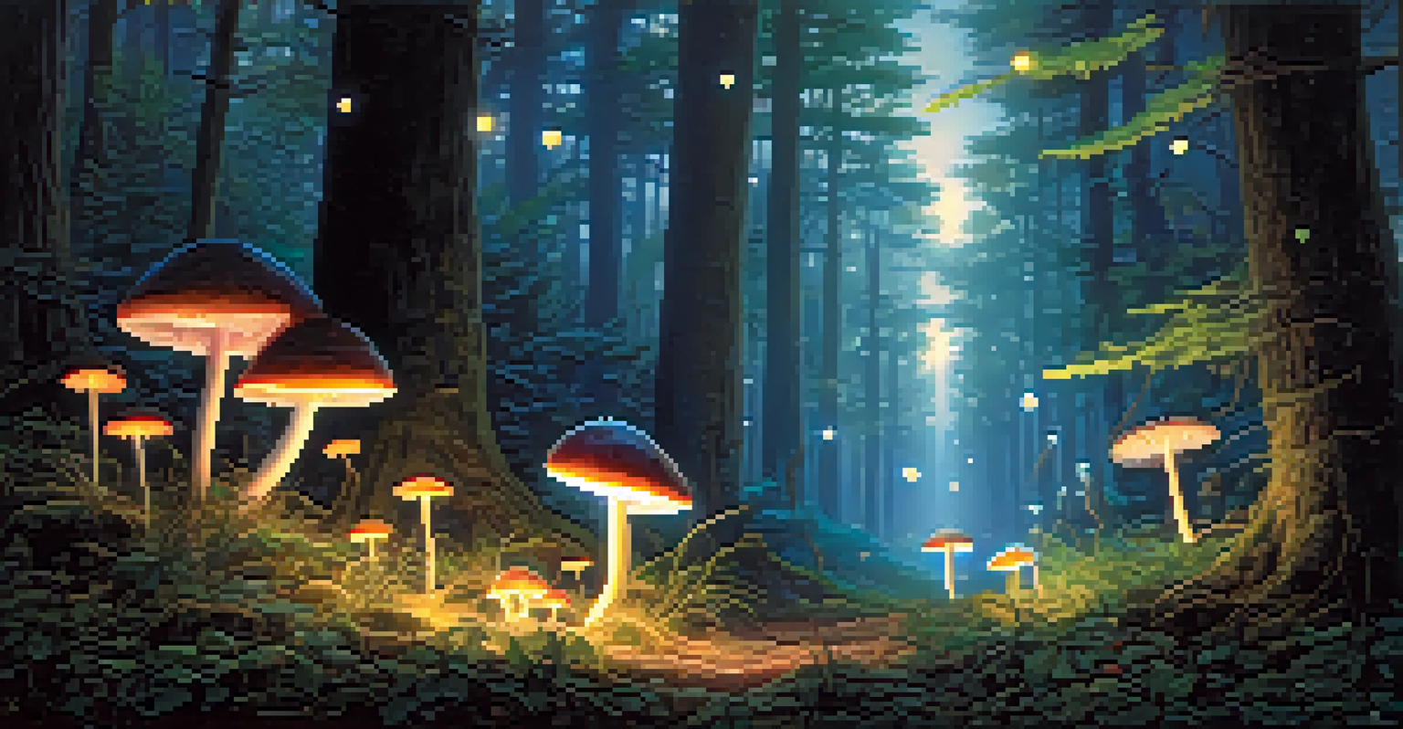 A magical forest scene at dusk with glowing mushrooms and fireflies, creating a serene and enchanting atmosphere.