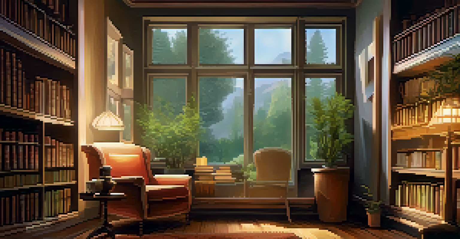 A cozy room with an armchair, tea, and books, overlooking a peaceful garden.
