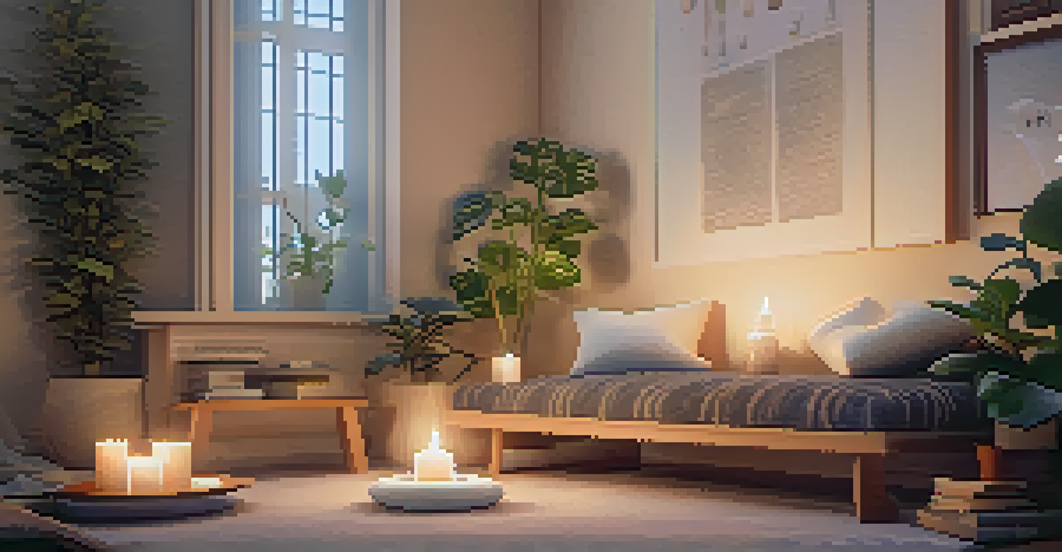 A cozy indoor mindfulness space with soft lighting, cushions, plants, and an altar with candles and crystals, creating a calming atmosphere.