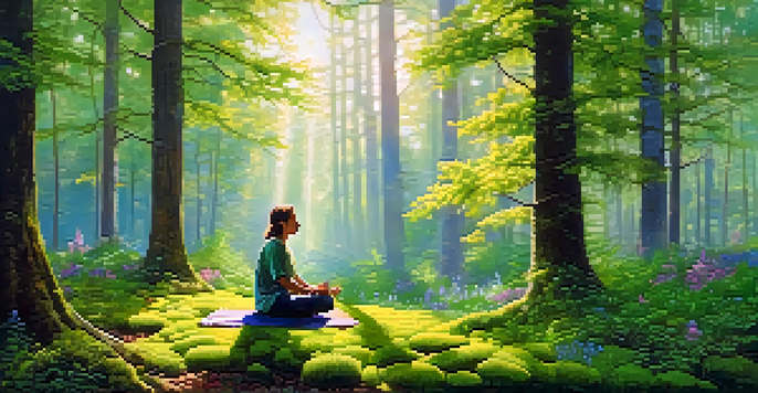 A person meditating in a peaceful forest clearing surrounded by lush greenery and colorful flowers, illuminated by soft morning light.