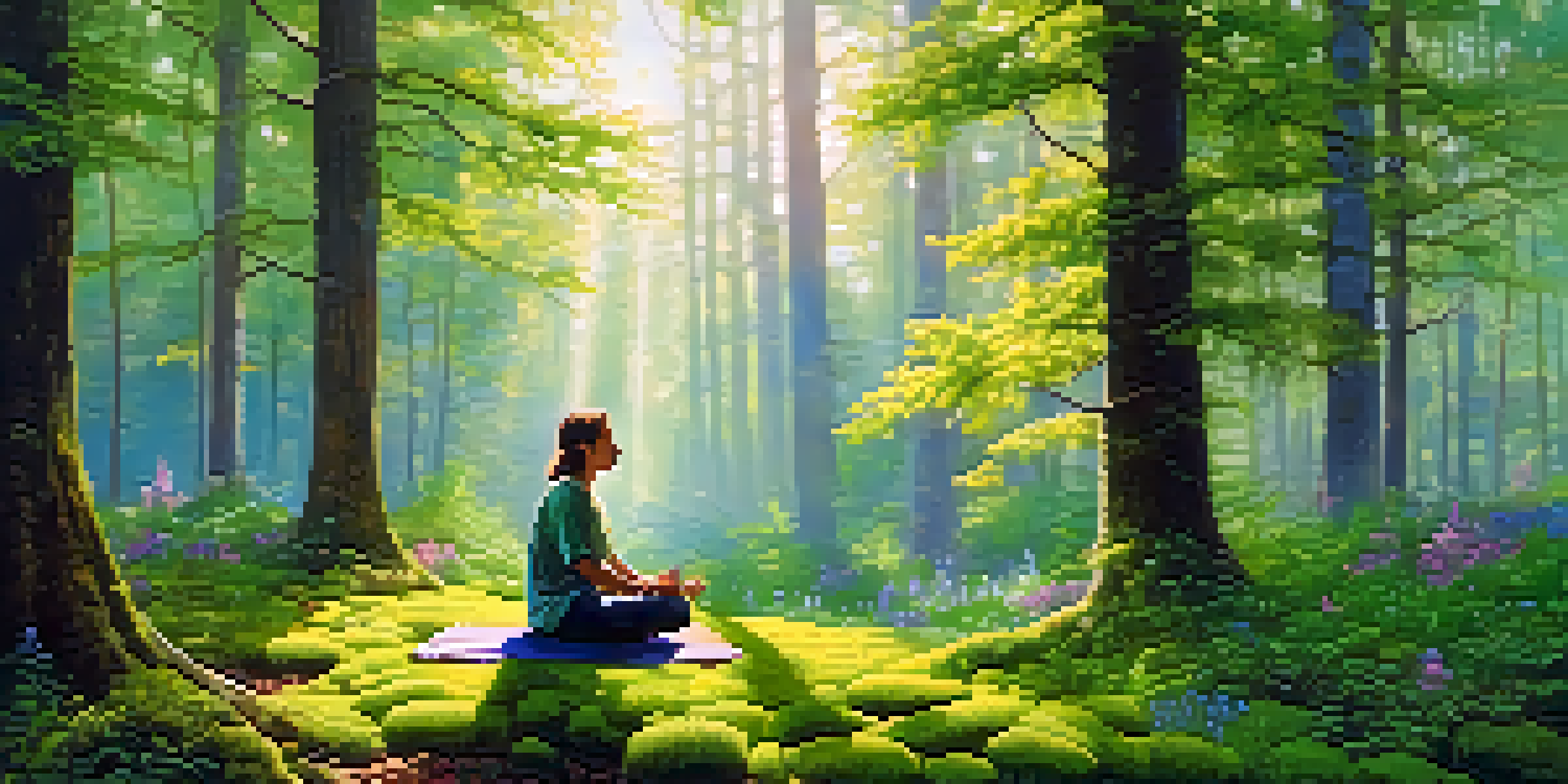 A person meditating in a peaceful forest clearing surrounded by lush greenery and colorful flowers, illuminated by soft morning light.