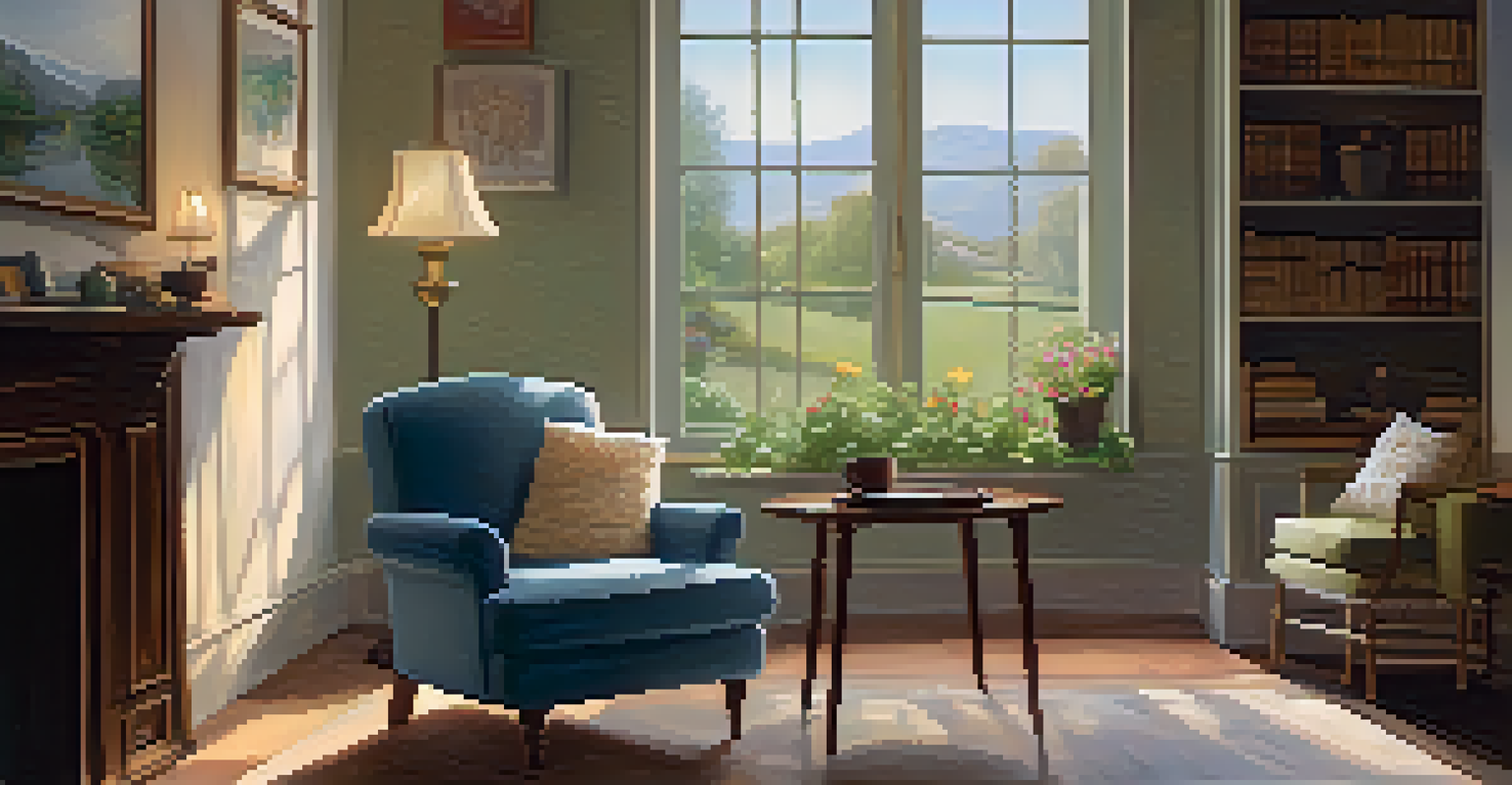 An inviting therapy room with an armchair, tea, and soft lighting.