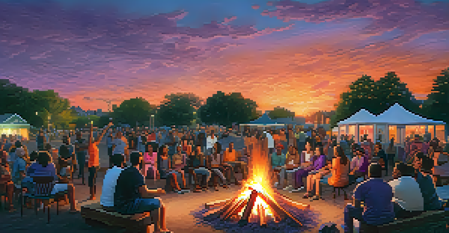 A diverse group of people sharing stories around a bonfire in a park during sunset.