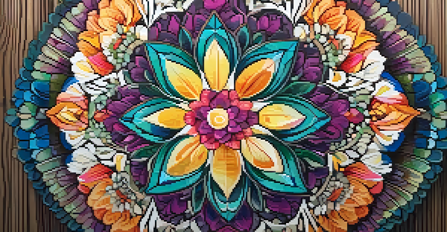 A colorful mandala created from natural elements on a wooden surface.
