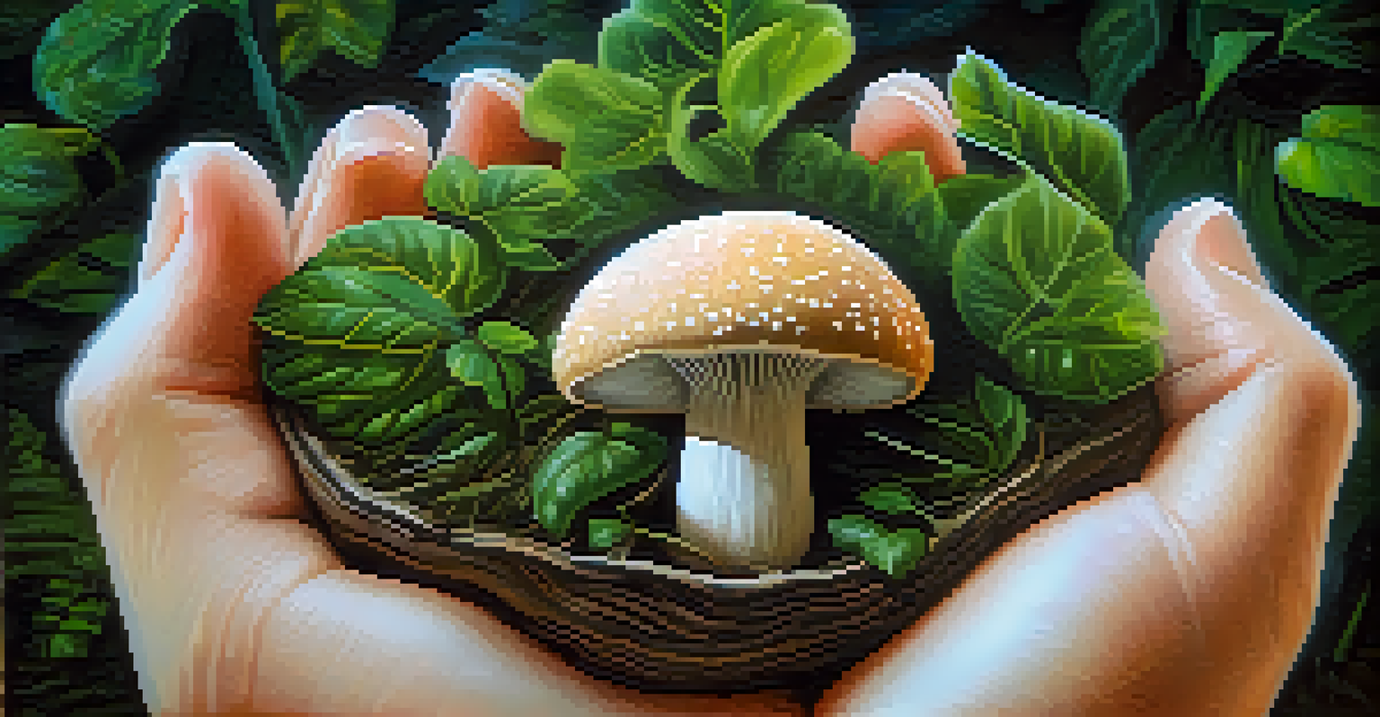 A close-up of hands gently holding a psilocybin mushroom with greenery in the background, representing a connection to nature and wisdom.