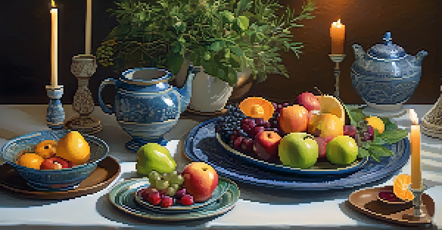 A beautifully arranged wooden table with colorful fruits and herbs, enhanced by soft candlelight, creating a warm and inviting atmosphere.