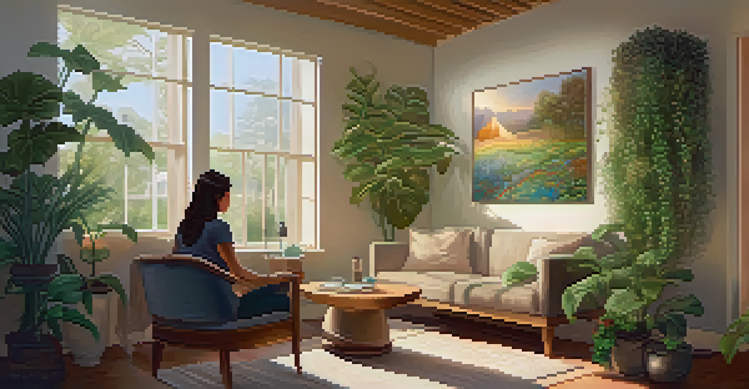 A cozy therapy room with a therapist guiding a client through a psilocybin session, illuminated by natural light and decorated with plants.