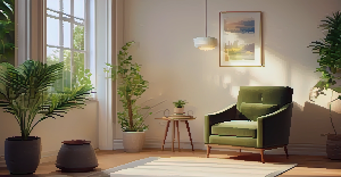 A cozy therapy room with warm lighting, an armchair, and a view of a peaceful garden.