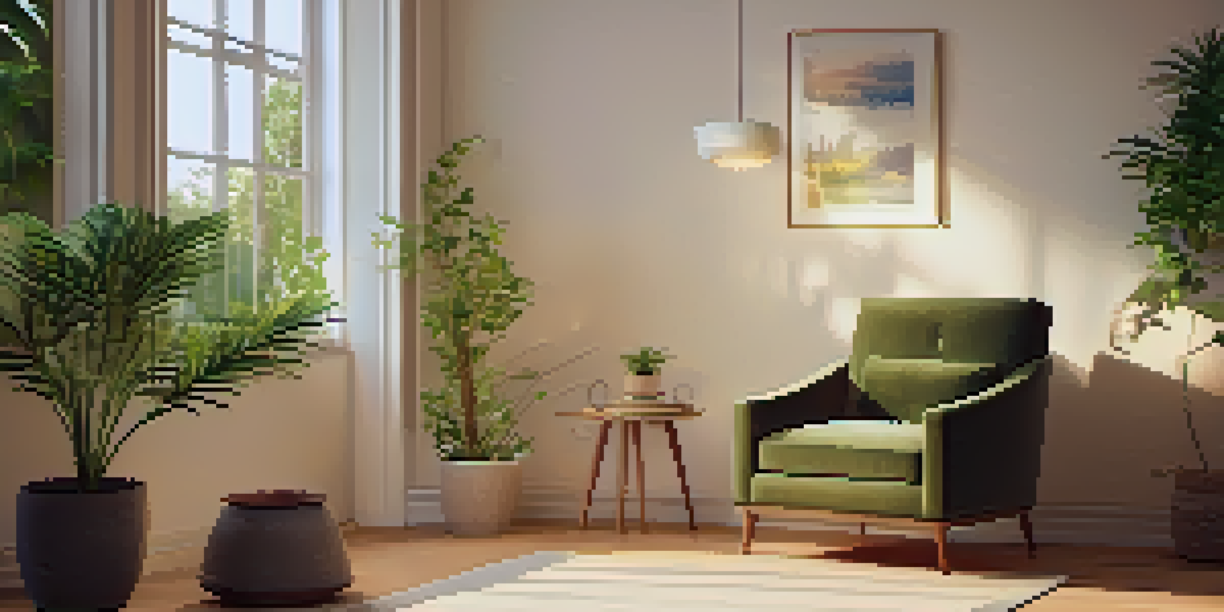 A cozy therapy room with warm lighting, an armchair, and a view of a peaceful garden.