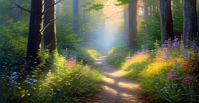 A peaceful forest at dawn with sunlight filtering through trees, mist on the ground, and blooming wildflowers.