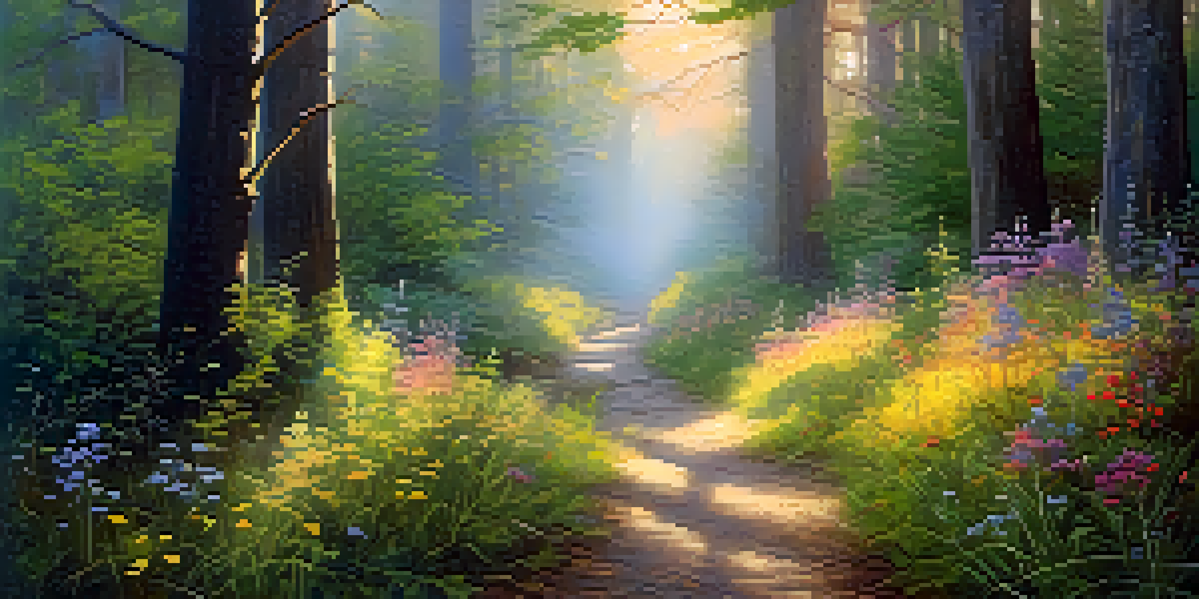 A peaceful forest at dawn with sunlight filtering through trees, mist on the ground, and blooming wildflowers.