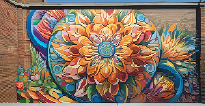 A colorful mural on a brick wall showcasing themes of interconnectedness and spirituality with abstract patterns and flowers.