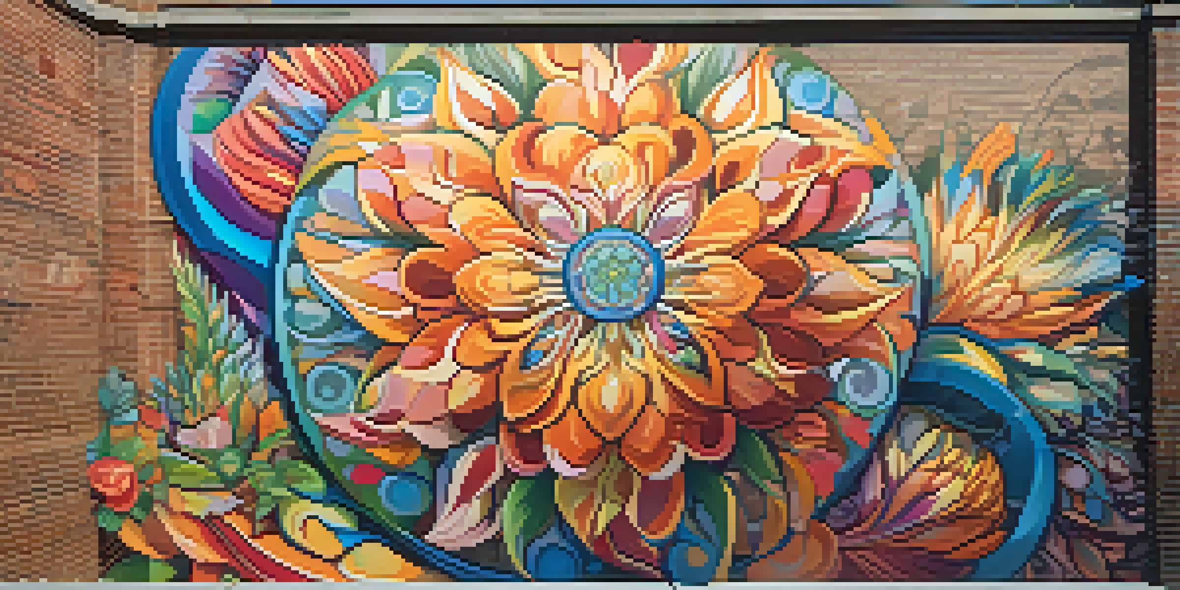 A colorful mural on a brick wall showcasing themes of interconnectedness and spirituality with abstract patterns and flowers.