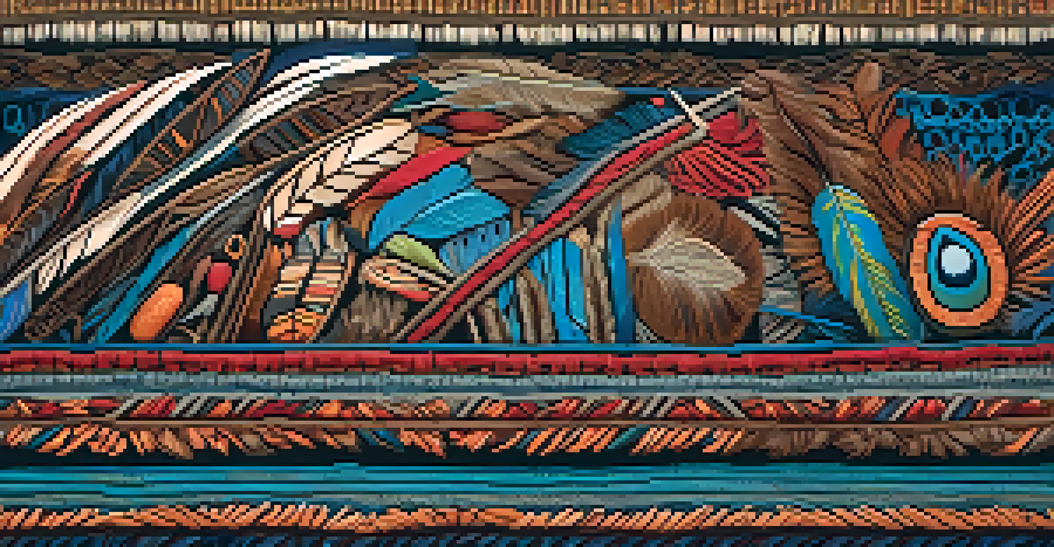 A detailed view of an indigenous ceremonial object made of wood, decorated with feathers, on a textured fabric.