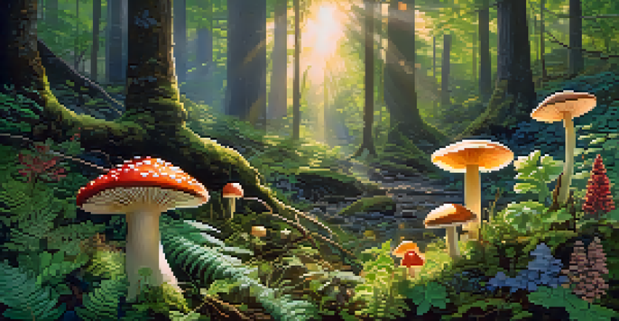 A vibrant forest filled with colorful mushrooms and wildflowers under gentle sunlight.