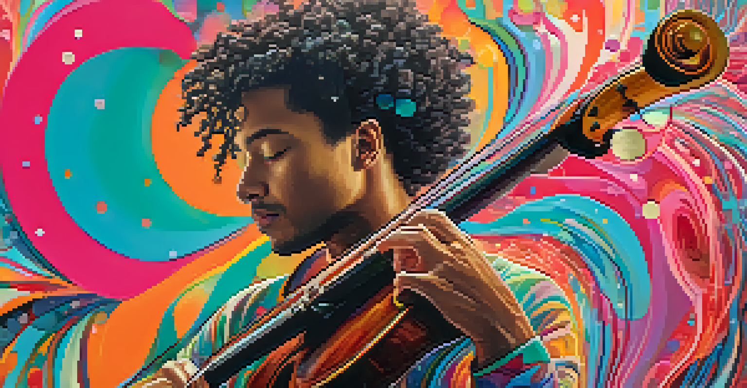 An abstract depiction of a musician surrounded by colorful sound waves and swirling patterns.