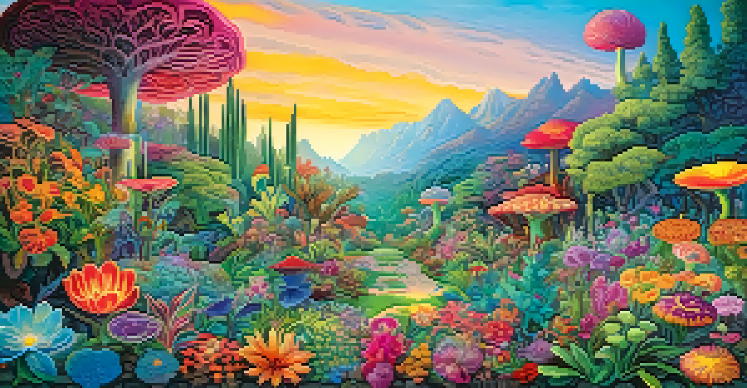 A colorful psychedelic garden with vivid plants and intricate patterns.