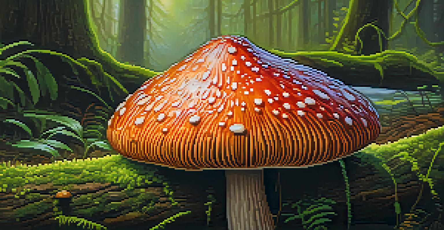 A close-up of a colorful psilocybin mushroom on a moss-covered log in a green forest with soft natural lighting.