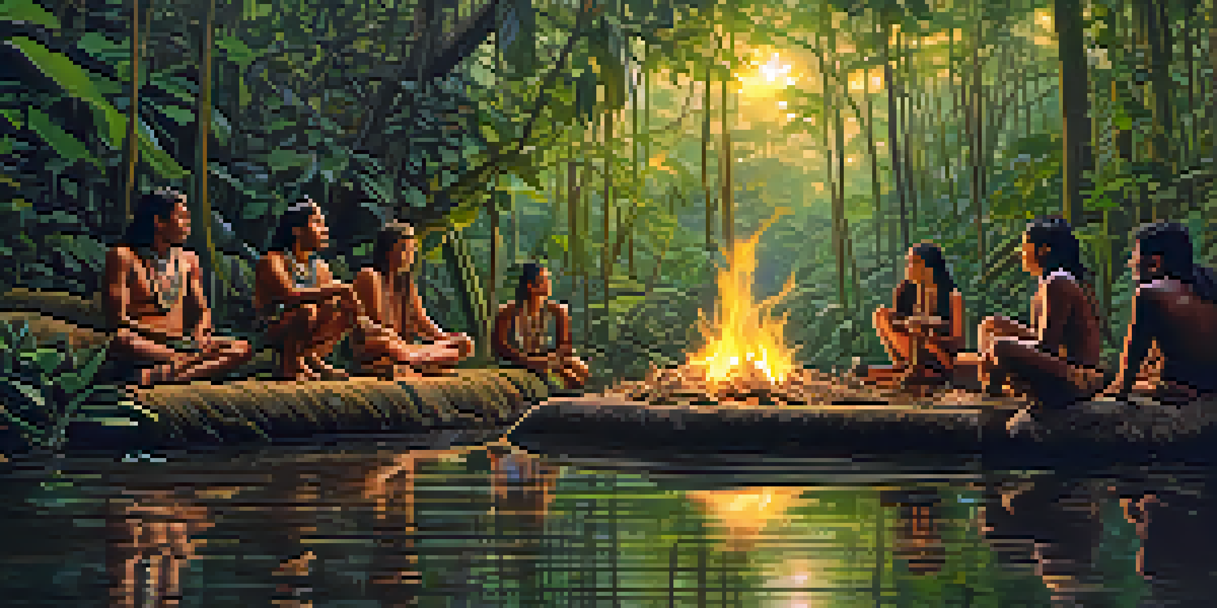 A tranquil Amazon rainforest at dusk with indigenous people gathered around a fire, surrounded by lush greenery and soft golden light.