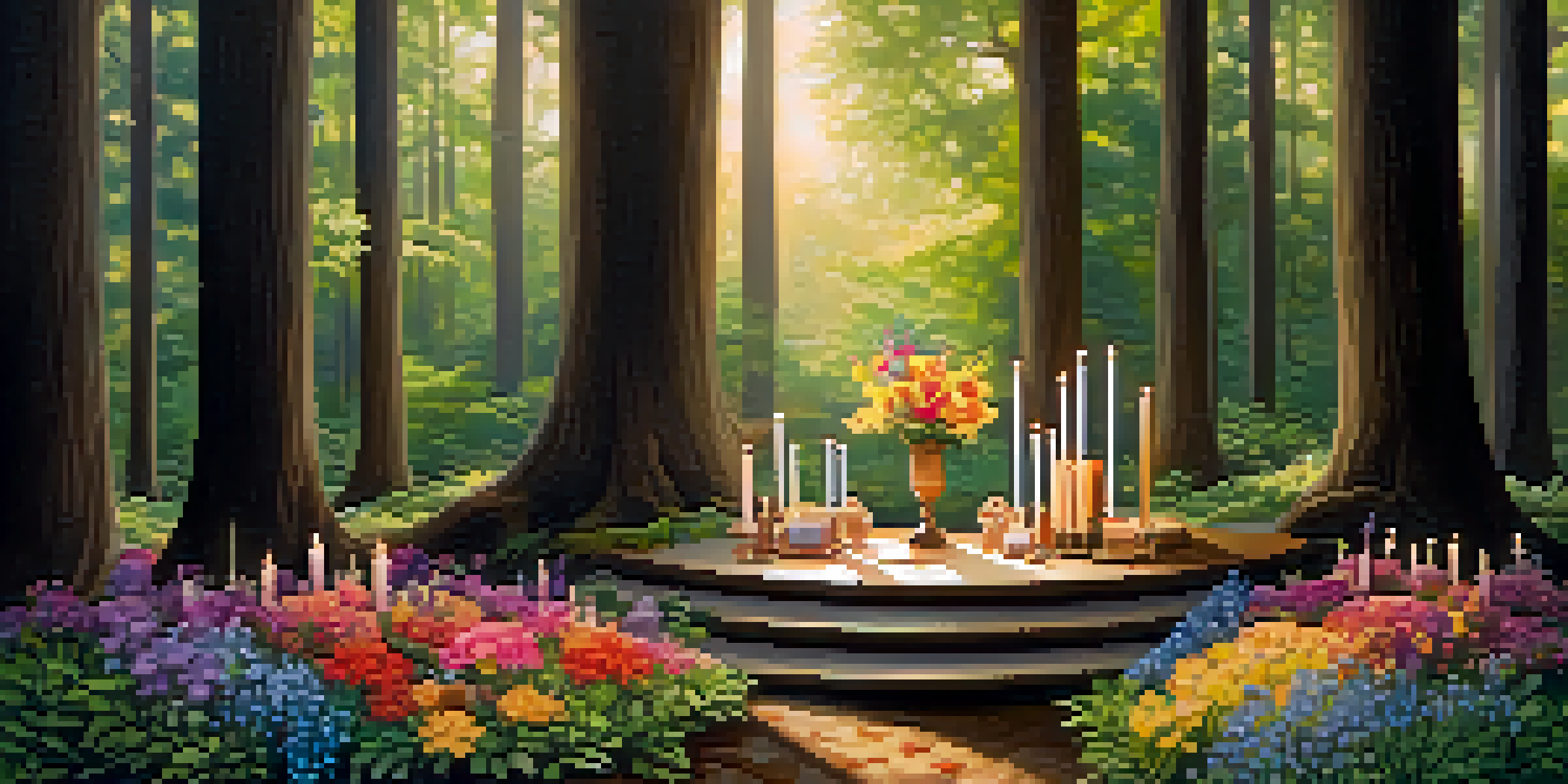 A peaceful forest scene featuring sunlight filtering through trees, with a small wooden altar decorated with flowers and candles.