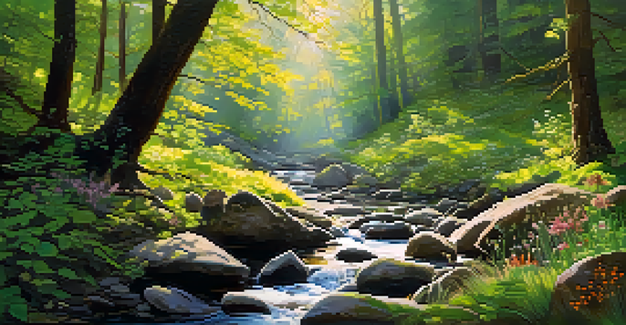 A peaceful forest scene featuring sunlight through leaves, colorful wildflowers, and a flowing stream with smooth stones.