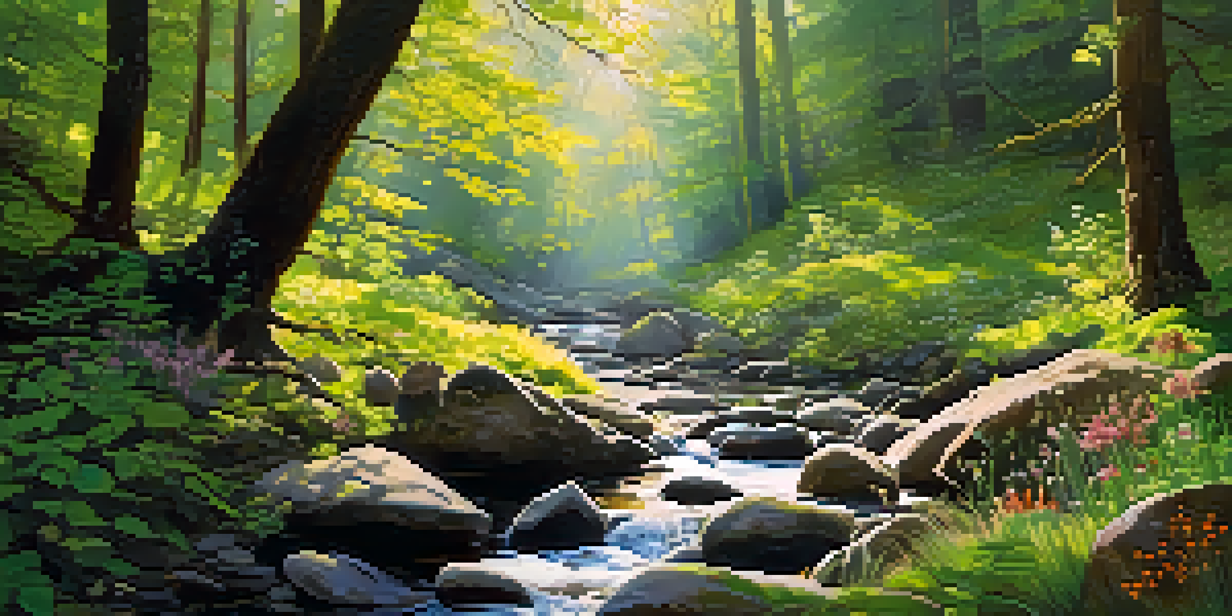 A peaceful forest scene featuring sunlight through leaves, colorful wildflowers, and a flowing stream with smooth stones.