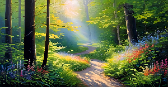 A tranquil forest at dawn with soft sunlight, a winding path, and vibrant wildflowers.