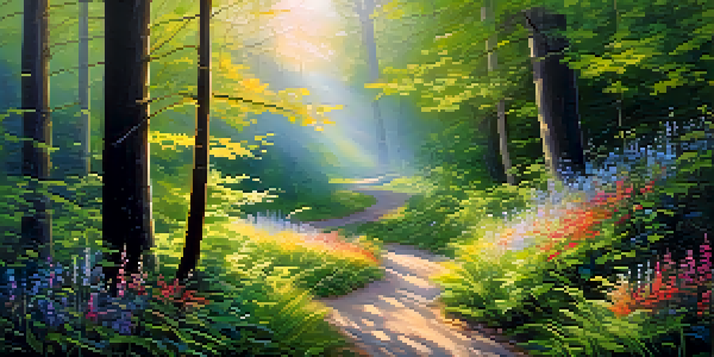 A tranquil forest at dawn with soft sunlight, a winding path, and vibrant wildflowers.