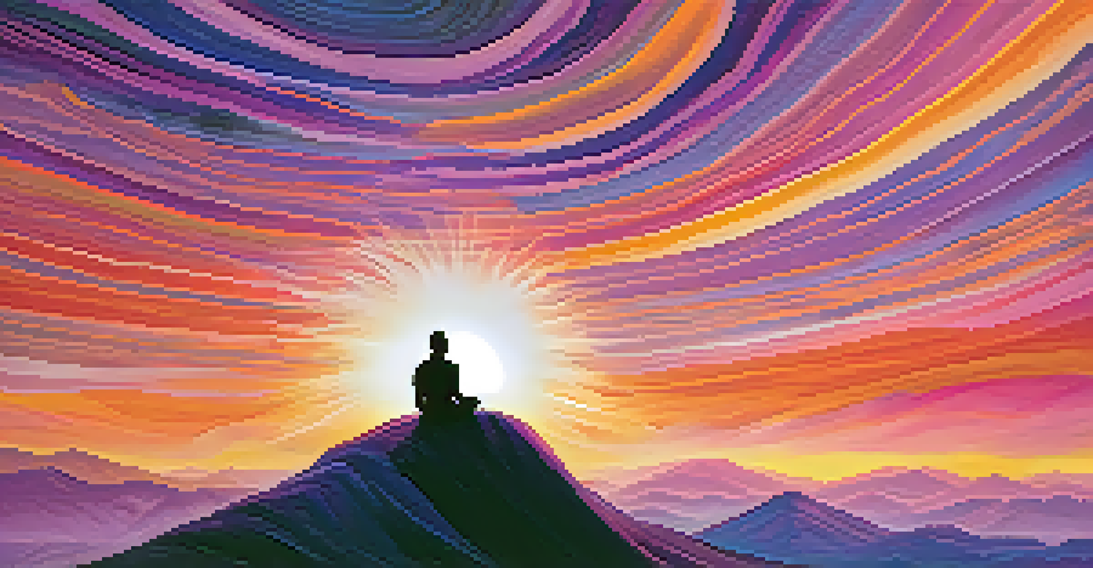 A silhouette of a person meditating on a mountain during a colorful sunset, symbolizing mind-body connection.