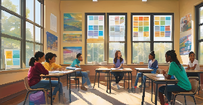 A diverse group of students in a bright classroom, engaged in a lively discussion, surrounded by educational materials.