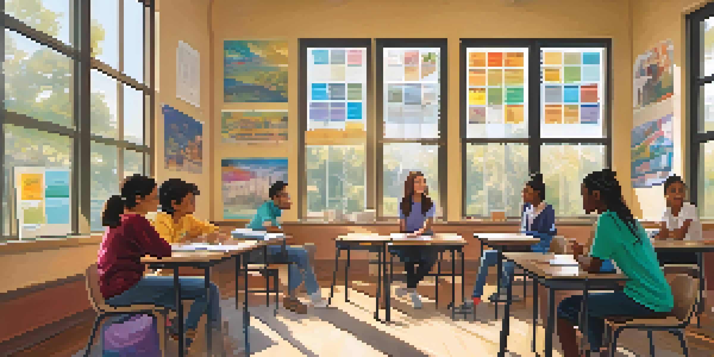 A diverse group of students in a bright classroom, engaged in a lively discussion, surrounded by educational materials.