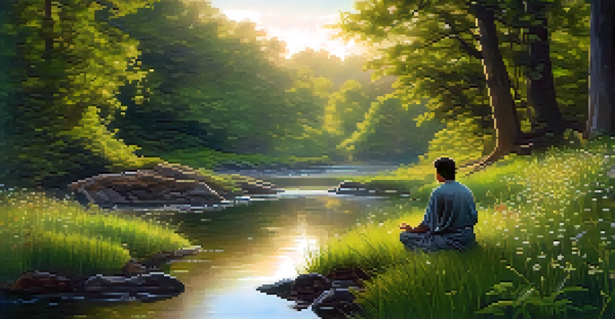 A peaceful forest scene at dawn, with soft golden light, a figure meditating by a stream, and vibrant wildflowers.