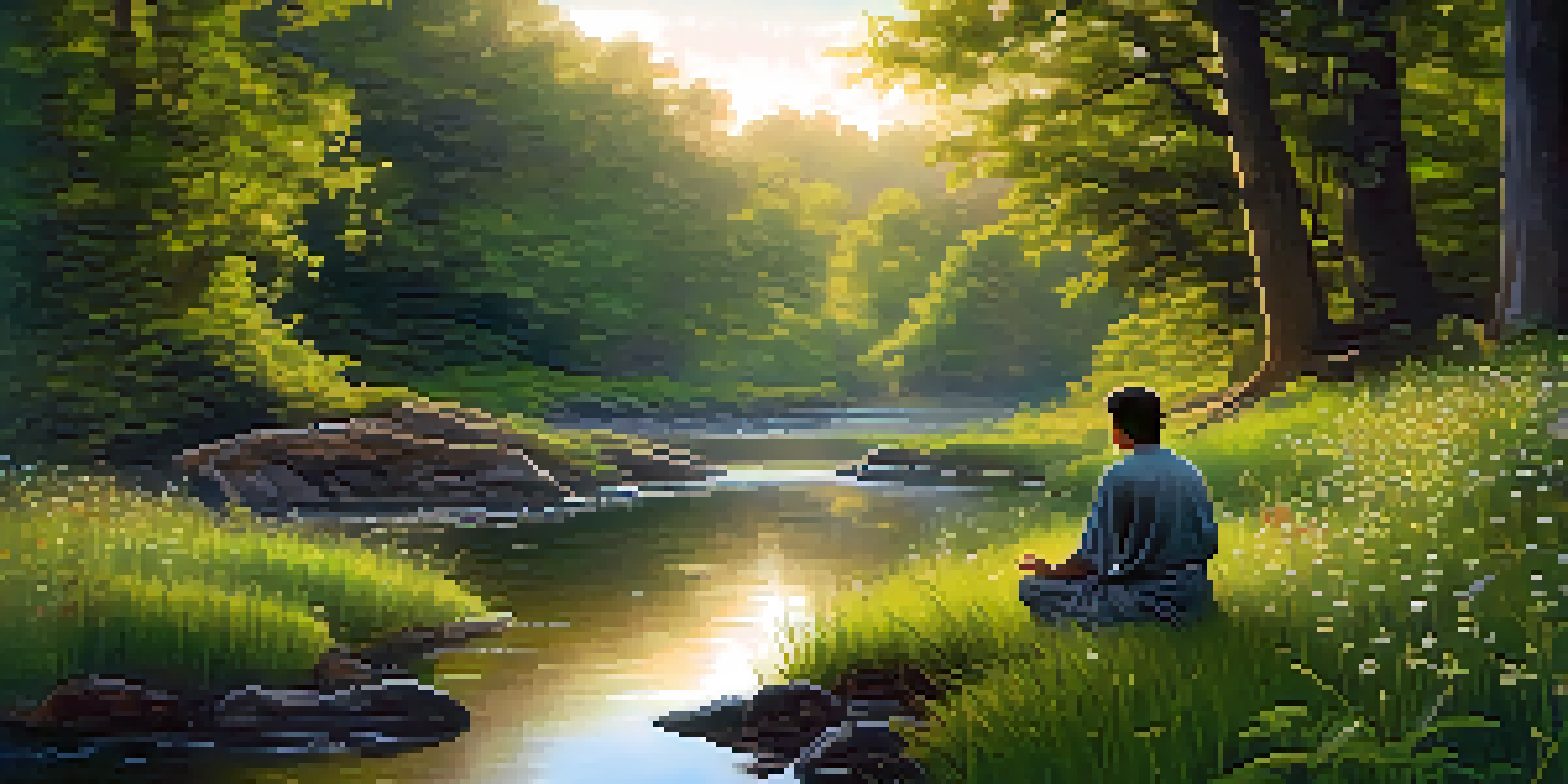 A peaceful forest scene at dawn, with soft golden light, a figure meditating by a stream, and vibrant wildflowers.