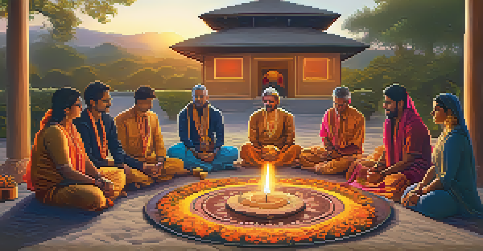 Group of people participating in a spiritual ritual outdoors with candles and offerings, surrounded by traditional Indian decor under a golden sunset.