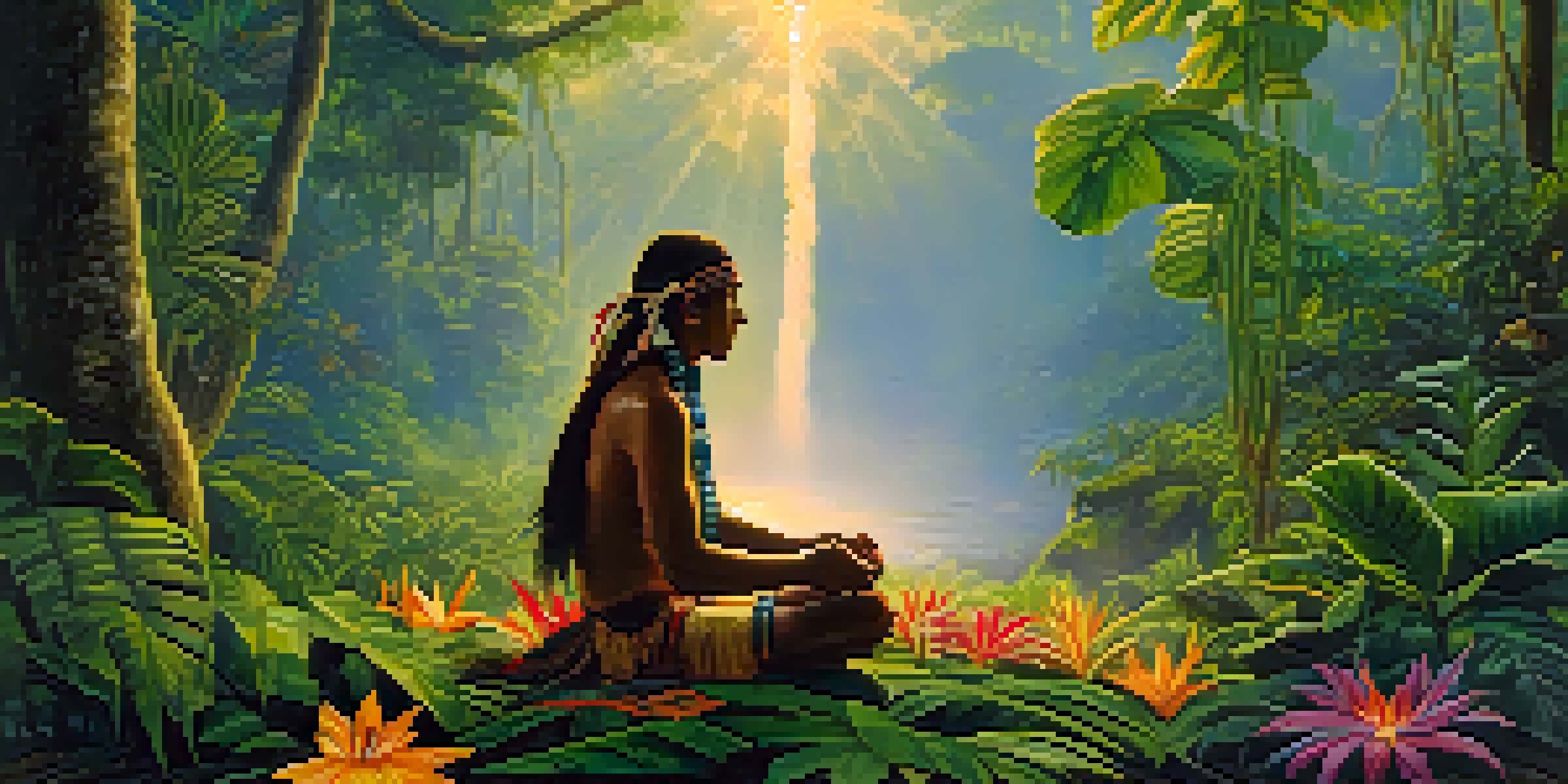 An indigenous shaman performing a ritual in a misty Amazon rainforest at dawn, surrounded by lush greenery and vibrant flowers.