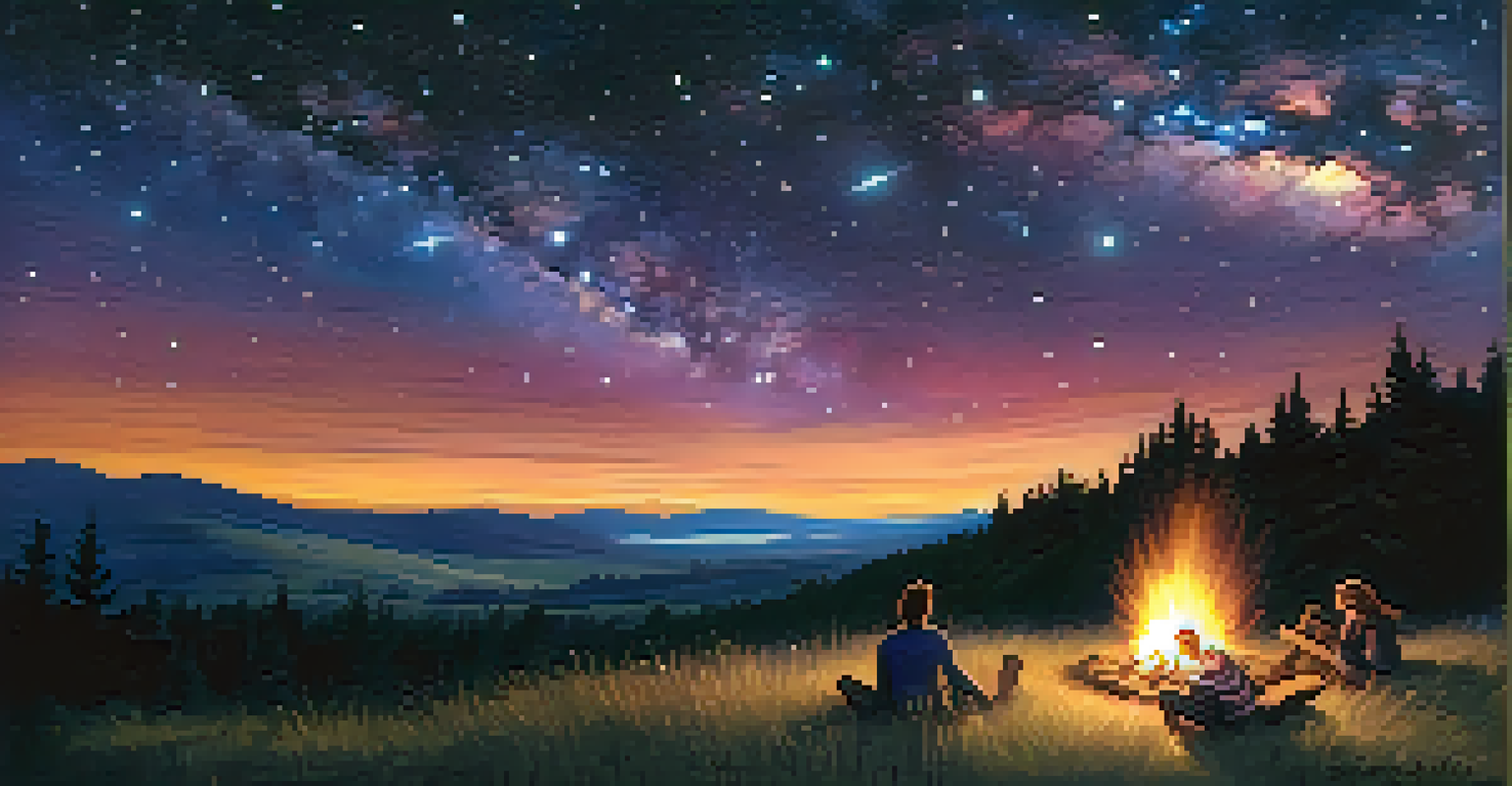 A starry night sky with the Milky Way and a campfire surrounded by friends.