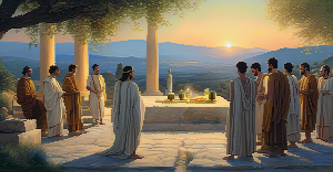 A tranquil scene of ancient Greeks in traditional attire participating in a spiritual ritual at sunset, surrounded by olive trees and hills.
