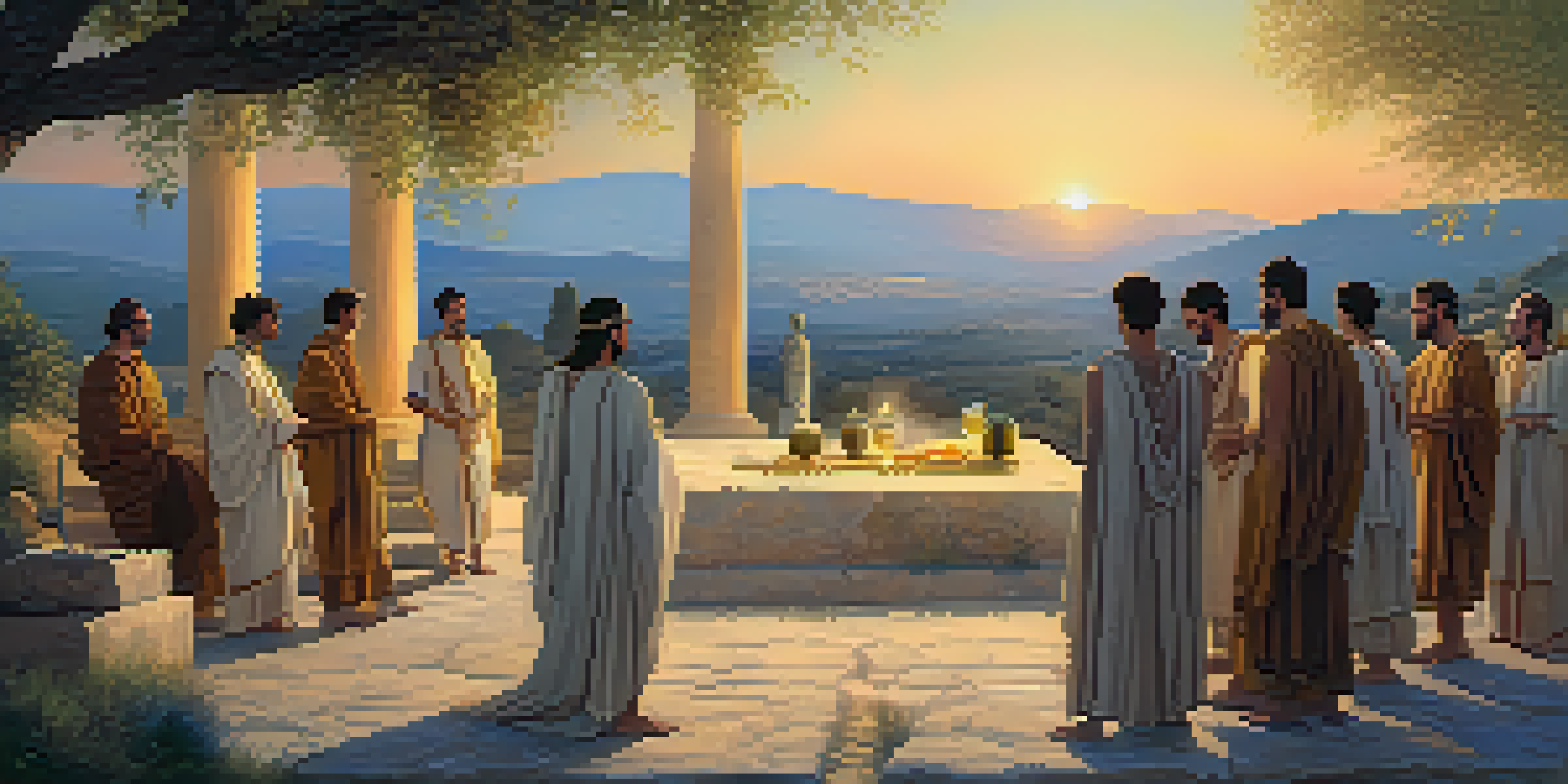 A tranquil scene of ancient Greeks in traditional attire participating in a spiritual ritual at sunset, surrounded by olive trees and hills.