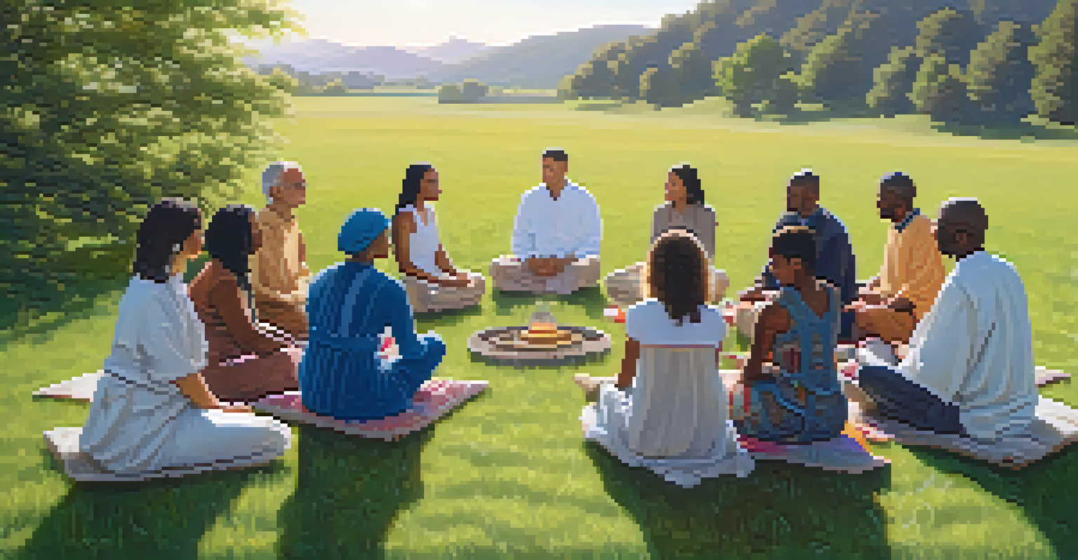 A peaceful outdoor healing ceremony with diverse participants sitting in a circle on grass, surrounded by nature.