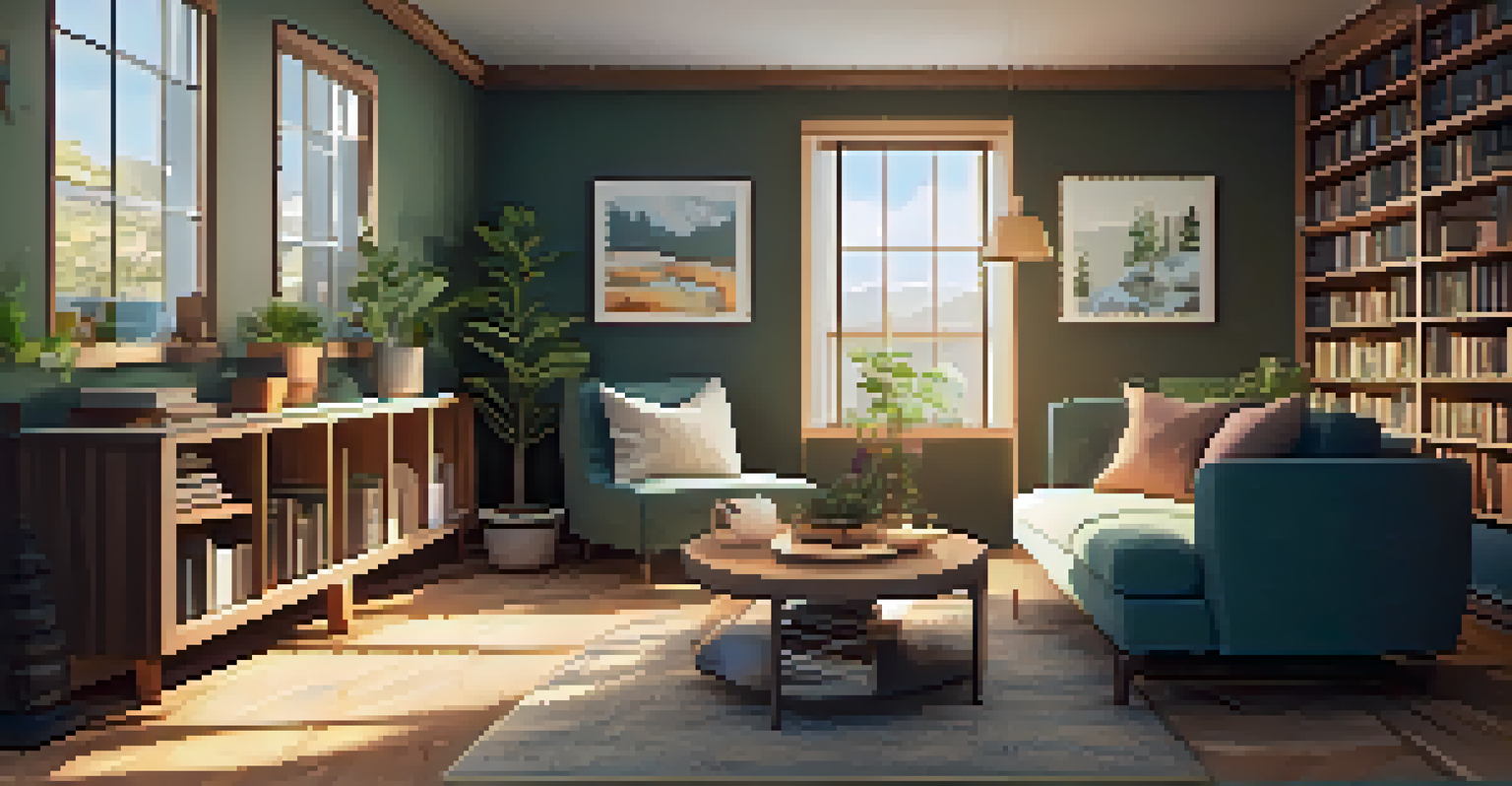 A comforting therapy room with warm lighting, plants, and a therapist talking with a client.