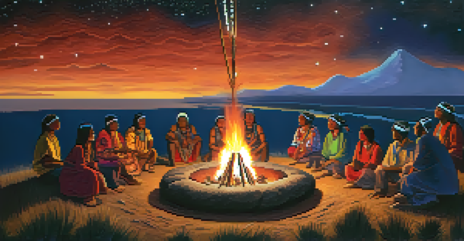 A traditional Indigenous ceremony around a fire with people in colorful attire under a starry night sky.